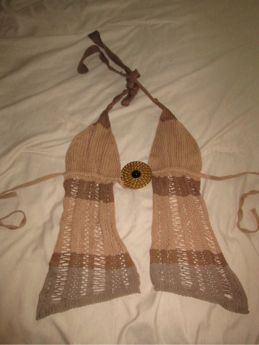 Beige Crochet Halter Top with Decorative Button